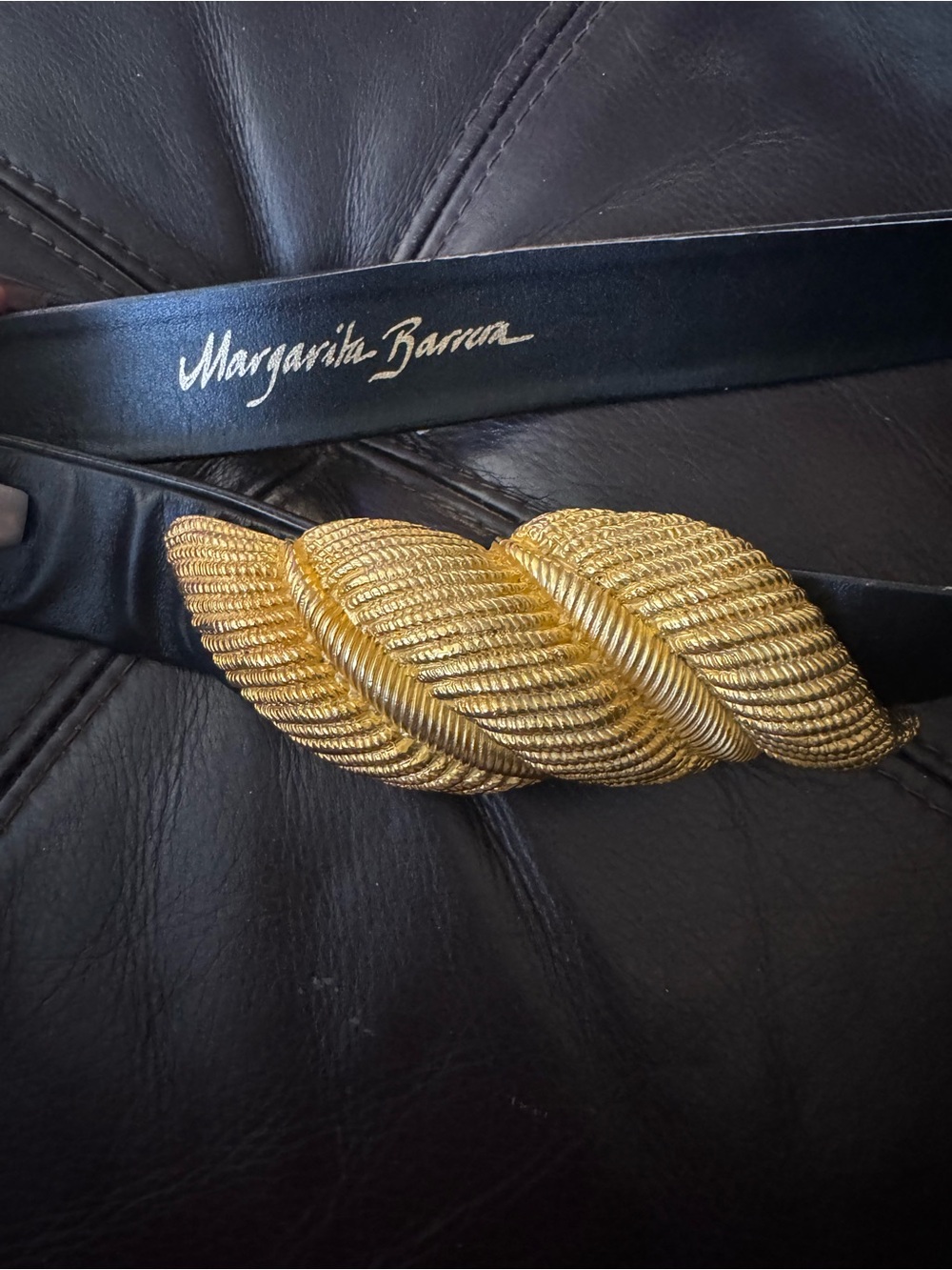 Black Leather Belt with Gold Leaf Buckle - Picture 2 of 5
